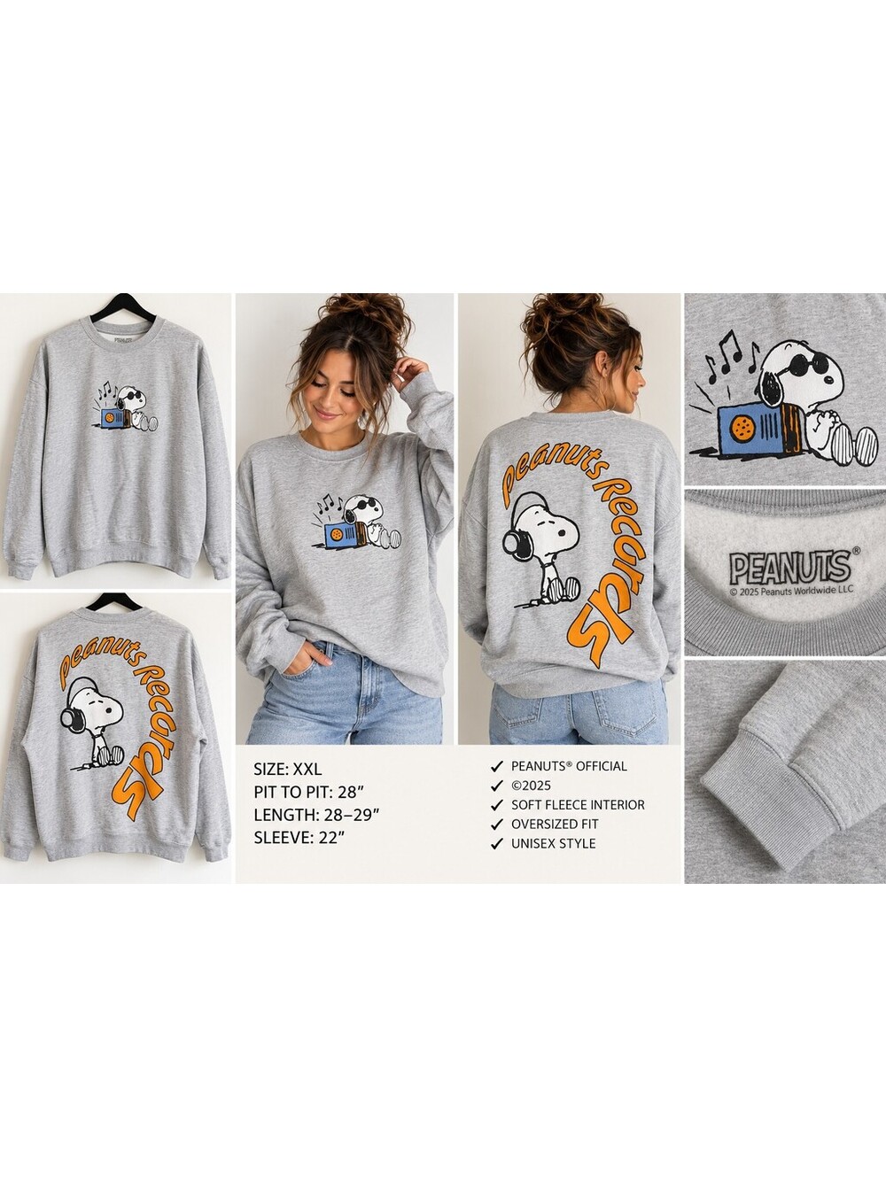 Peanuts Snoopy Records Gray Graphic Sweatshirt Crewneck XXL